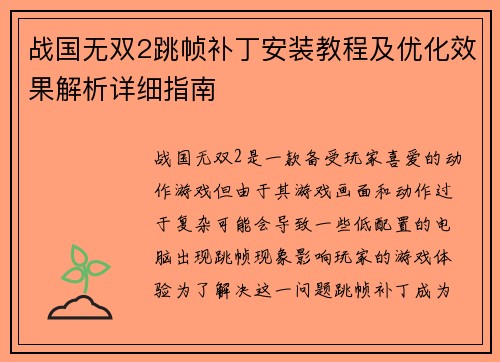 战国无双2跳帧补丁安装教程及优化效果解析详细指南